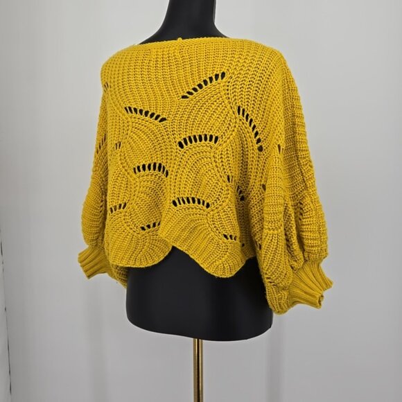 Elodie Yellow Knit Women's Sweater Cropped Scallop Hem Dolman Sleeve Size Small - Picture 6 of 9